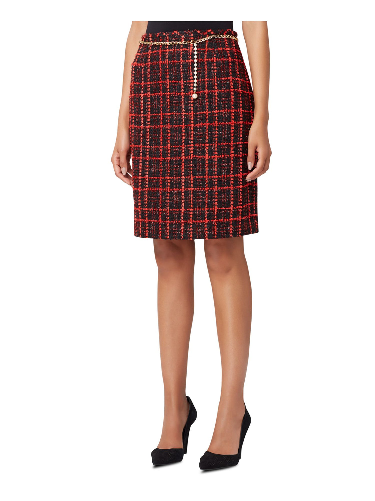 Tahari ASL Women's Plaid Boucle Pencil Skirt With Chain Belt Red Size 18