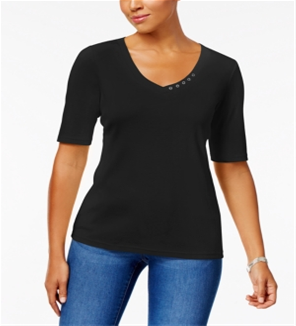 Karen Scott Women's Elbow Sleeve Cotton Top Black Size Medium