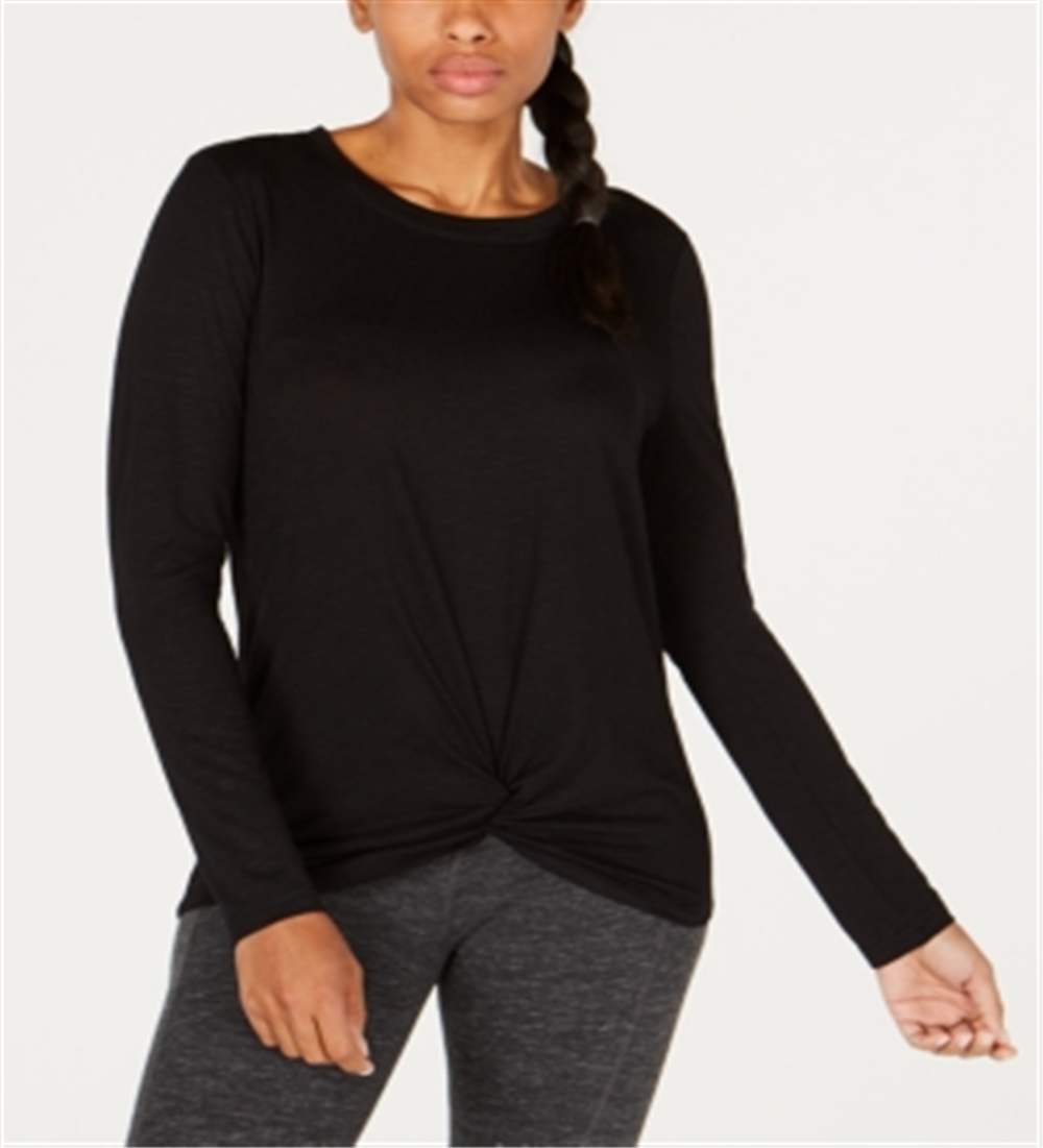 Ideology Women's Knot Front Long Sleeves Super Soft Top Black Size X-Large