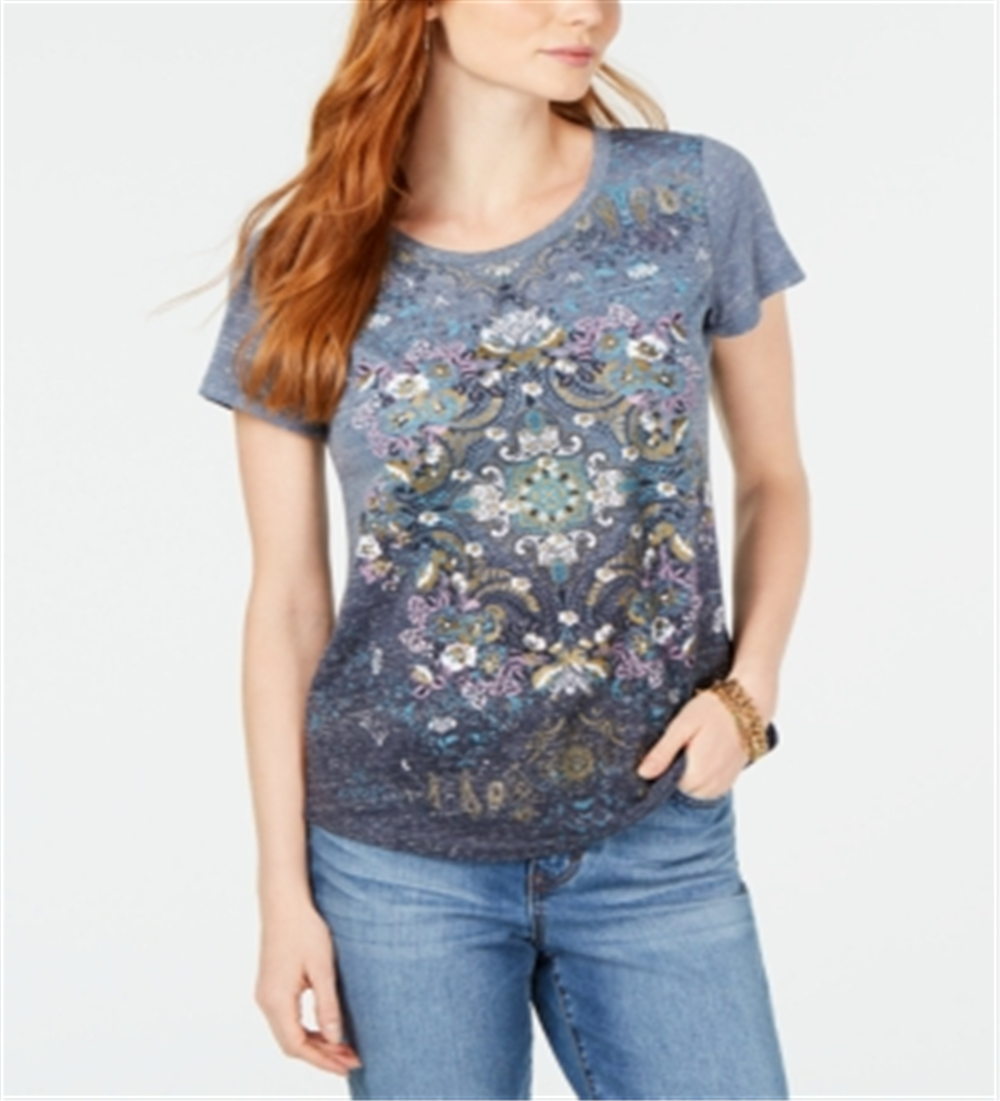 Style & Co Women's Embellished Handkerchief Hem T-Shirt Gray Size Petite Small