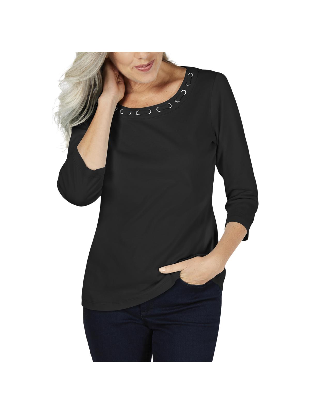 Karen Scott Women's Cotton Lace Through Neck Top Black Size Small