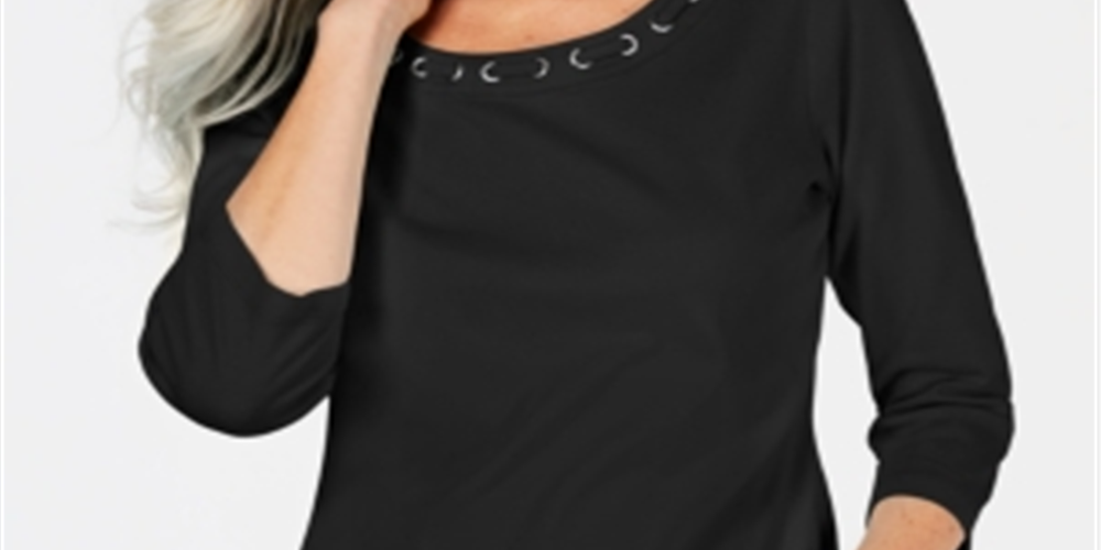 Karen Scott Women's Cotton Lace Through Neck Top Black Size Small