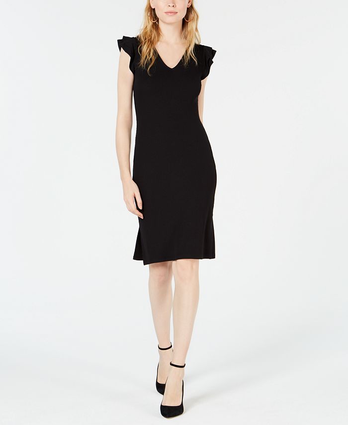 Bar III Women's Ribbed Ruffle Shoulder Sheath Dress Black Size Large