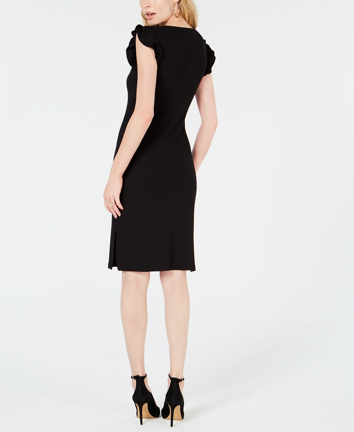Bar III Women's Ribbed Ruffle Shoulder Sheath Dress Black Size Large
