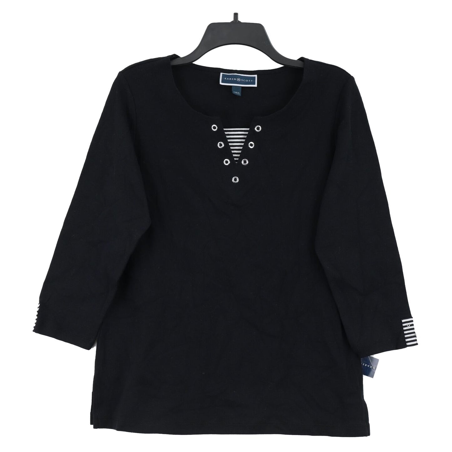 Karen Scott Women's Neck Inset Cotton Grommet Top Black Size Medium