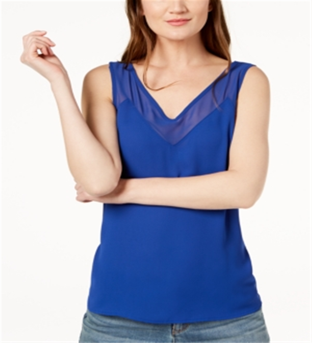 INC International Concepts Women's Illusion Trim Tank Top Blue Size Petite Small