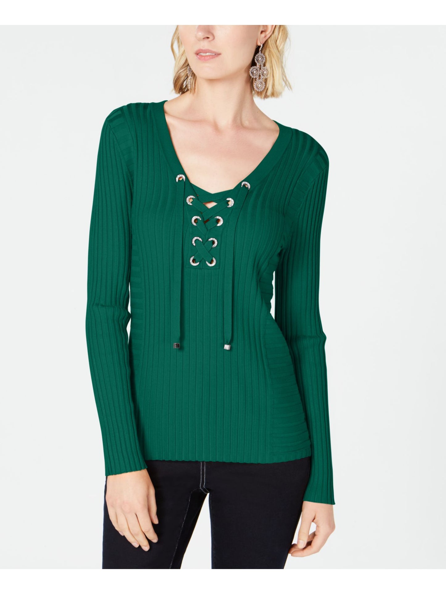 INC International Concepts Women's Ribbed Rhinestone Grommet Sweater Green Size Medium
