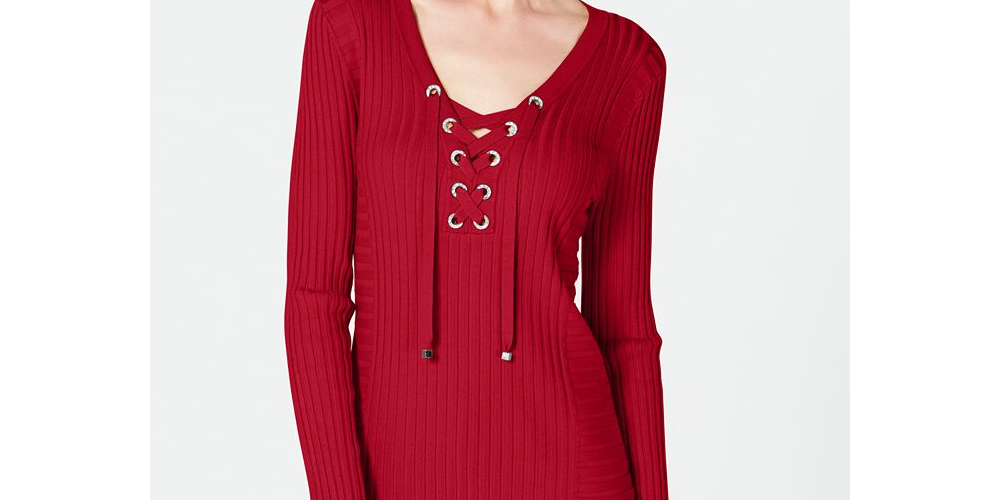 Inc International Concepts Women's Red Tie Solid Long Sleeve Keyhole Sweater Red Size XS