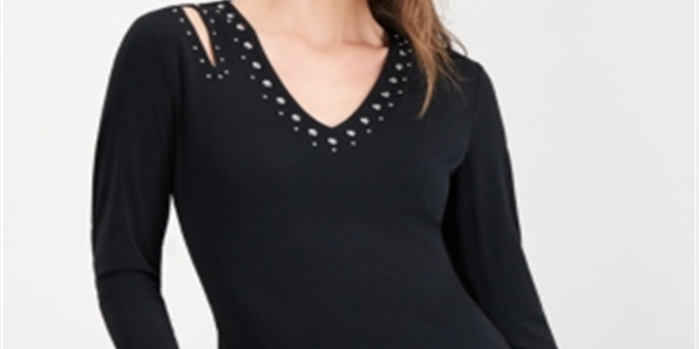 INC International Concepts Women's Embellished Long Sleeve V Neck Top Black Size XX-Large