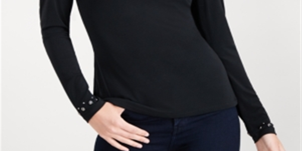 INC International Concepts Women's Embellished Long Sleeve V Neck Top Black Size XX-Large