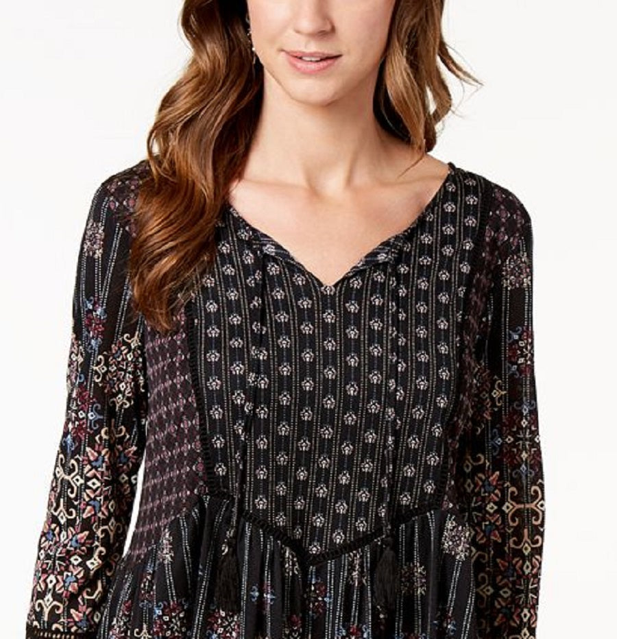 Style & Co Women's Printed Peasant Top Black Size Petite