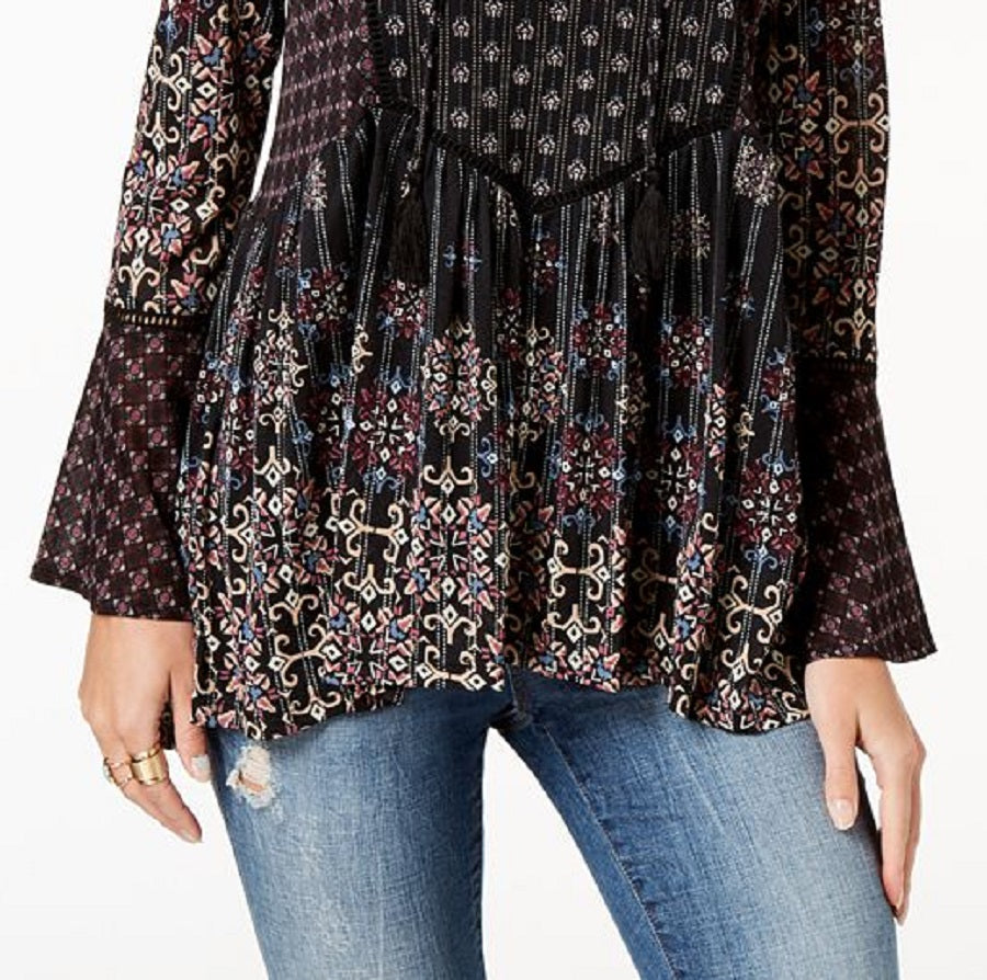 Style & Co Women's Printed Peasant Top Black Size Petite