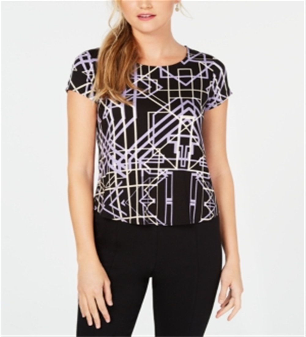 Alfani Women's Printed Round Hem T Shirt Black Size Petite Large