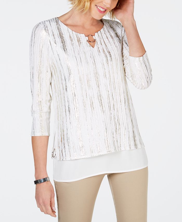JM Collection Women's Embroidered Ruched Top White Size Petite