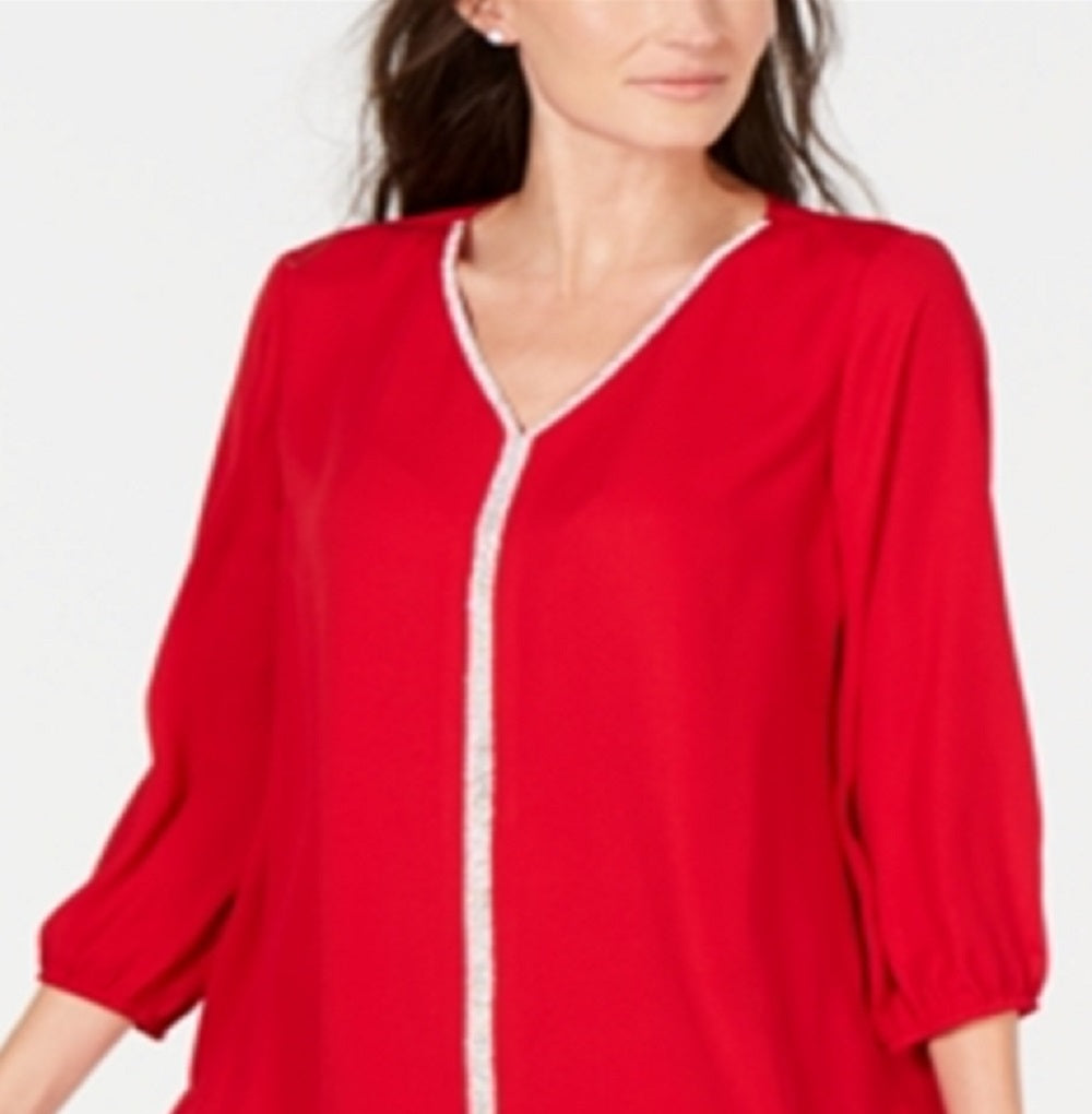 JM Collection Women's Jeweled Tiered Hem Blouse Red Size Large