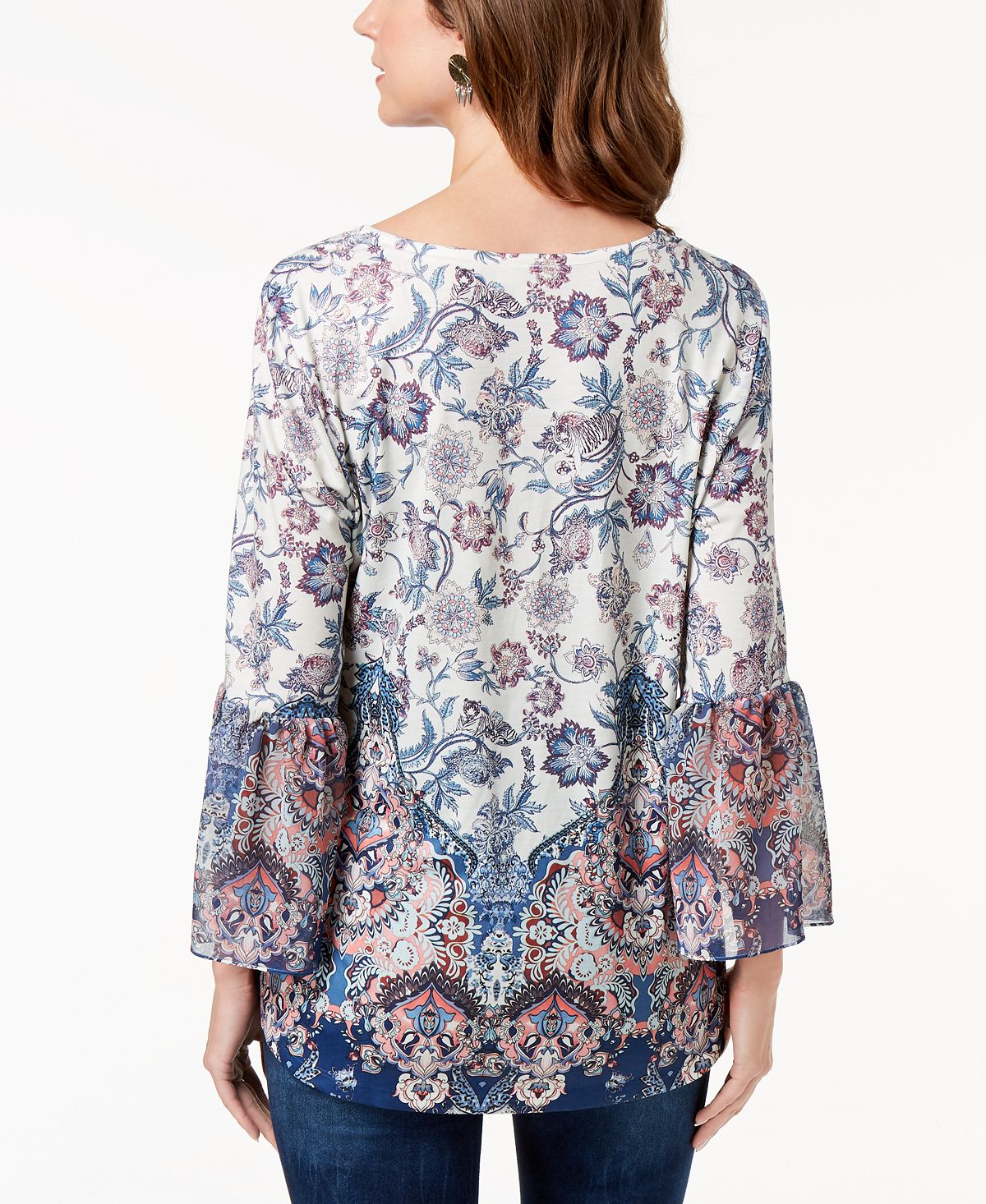 Style & Co Women's Printed Flare Sleeve Blouse White Size X-Small