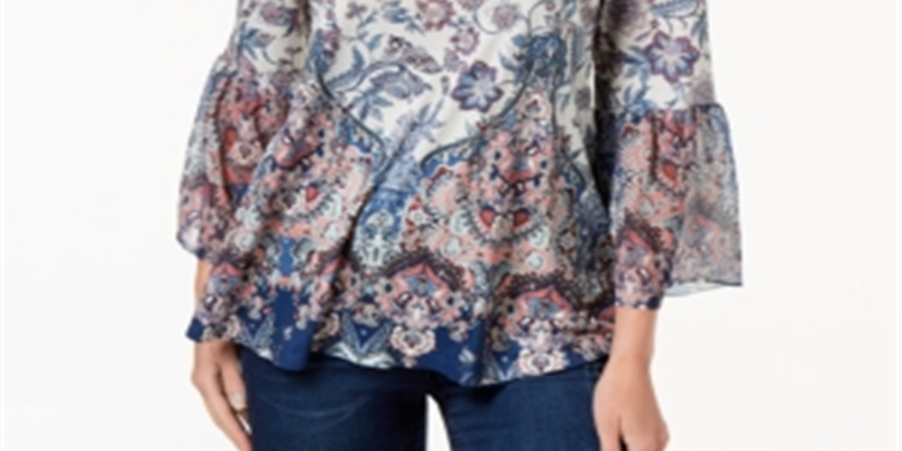 Style & Co Women's Printed Flare Sleeve Blouse White Size X-Small