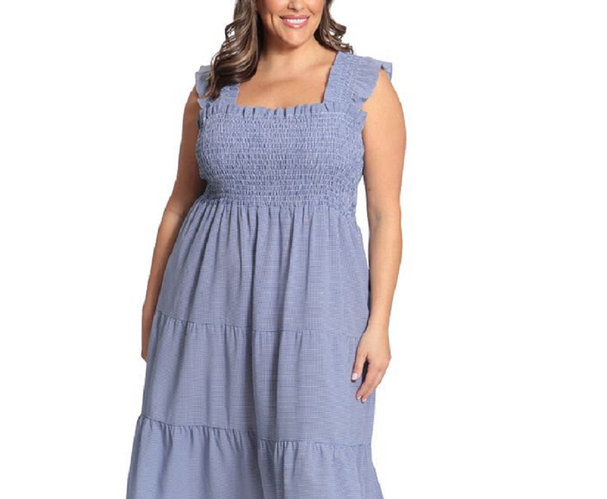 London Times Women's Gingham Smocked Top Midi Dress Blue Size 3X