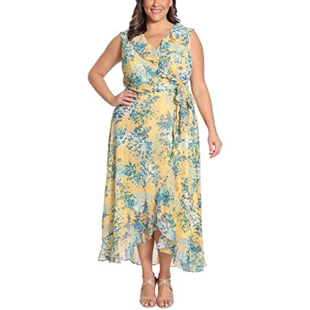 London Times Women's Ruffled Floral Midi Dress Yellow Size 16