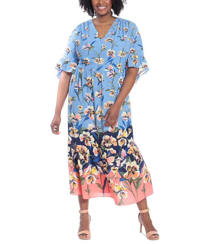 London Times Women's Floral Print Maxi Dress Blue Size 14W