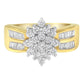 10K Yellow Gold 1.0 Cttw Round & Baguette Cut Diamond Floral Cluster Double-Channel Flared Band Statement Ring (H-I Color, SI2-I1 Clarity) - Size 6-1/2
