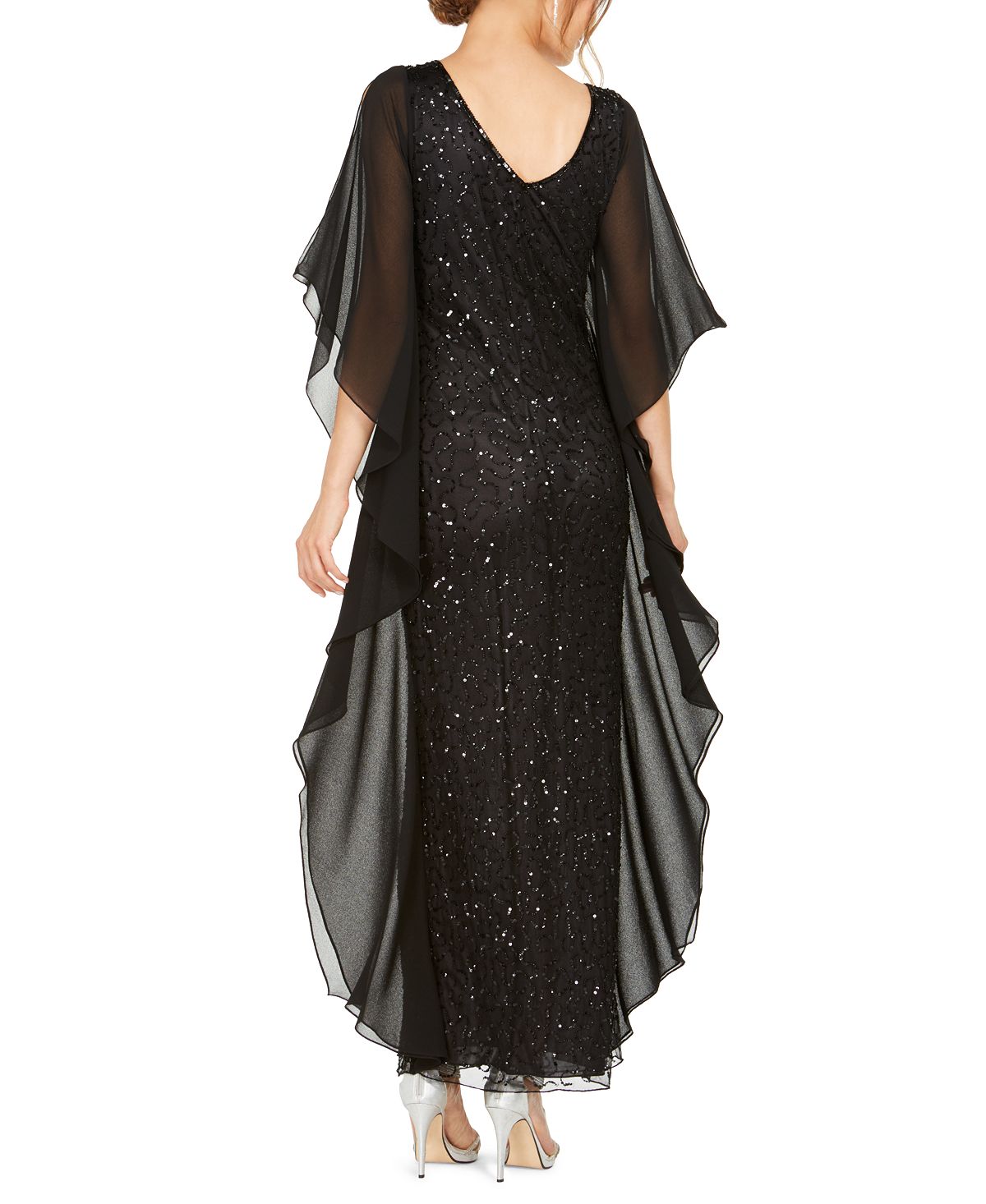 J Kara Women's Sequined Chiffon Butterfly Gown Black Size 14