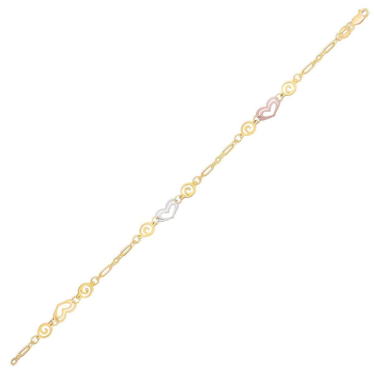 मल्टी कलर हार्ट स्टेशन्स के साथ 14k त्रि-रंग गोल्ड पायल