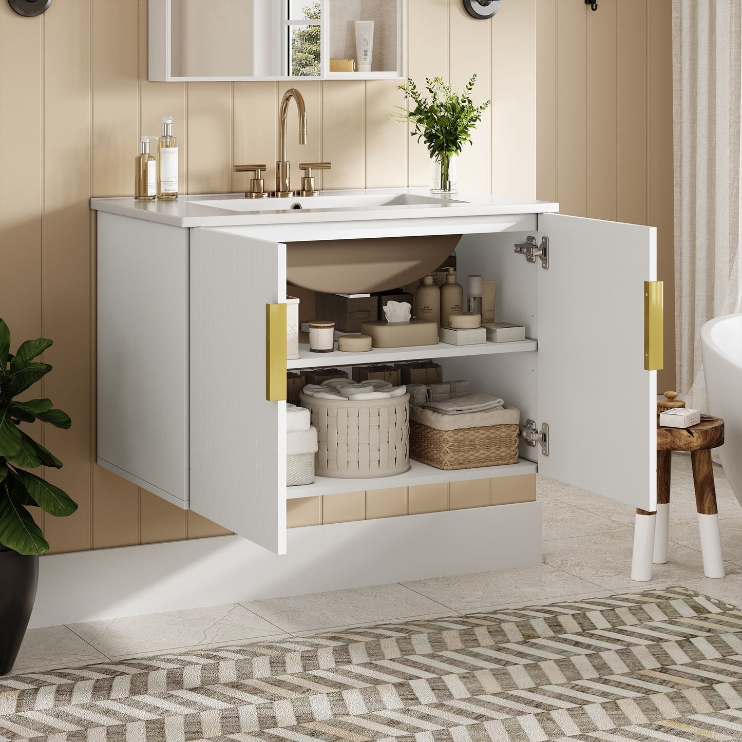 Bathroom Vanity With Sink, Rectangular Storage Cabinet With 2 Soft Closing Doors