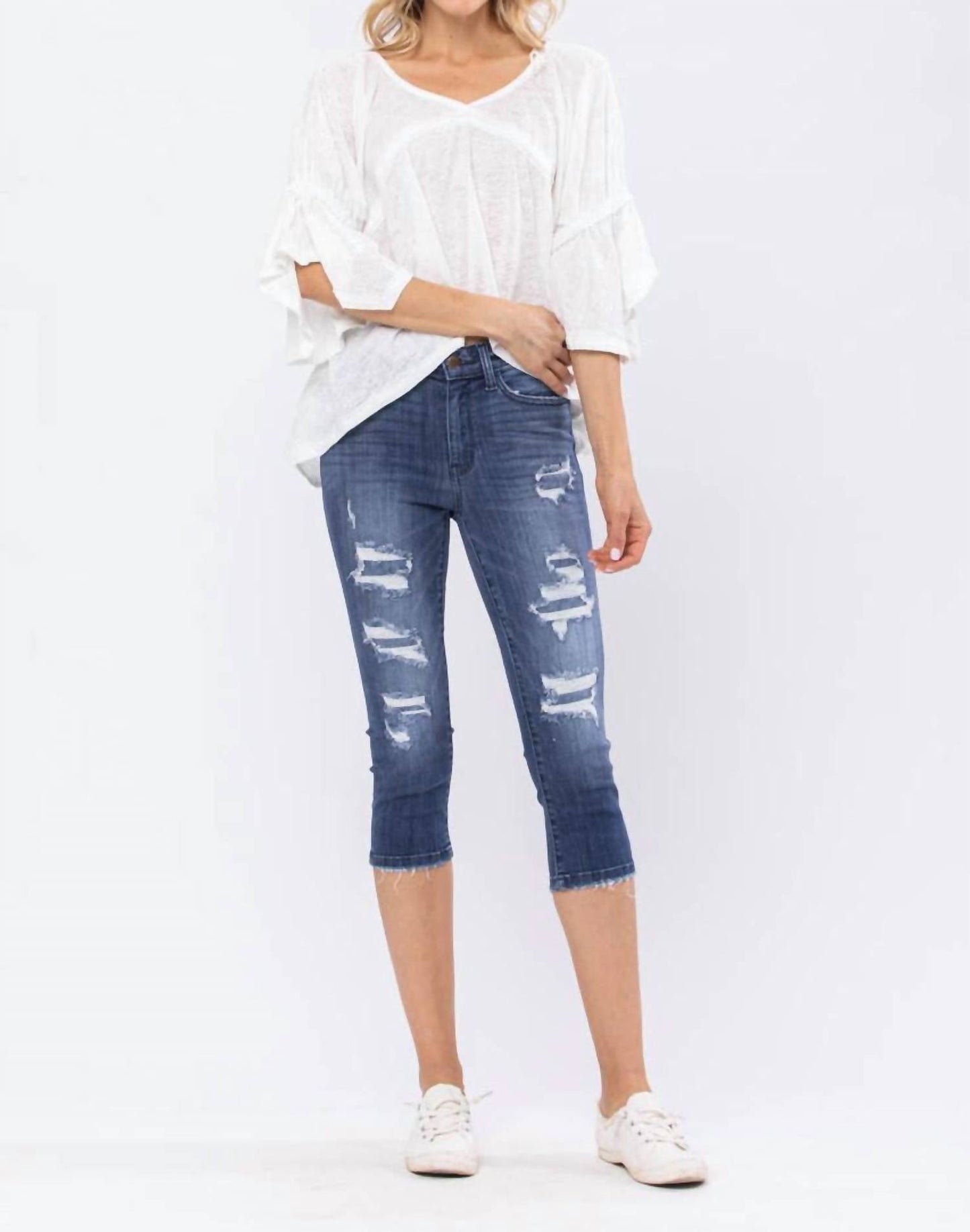 Judy Blue - Mid-rise Contrast Patch Skinny Capri Jeans