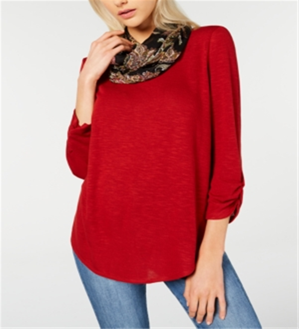 BCX Junior's Ruched Sleeve Top With Printed Scarf Brown Size Large