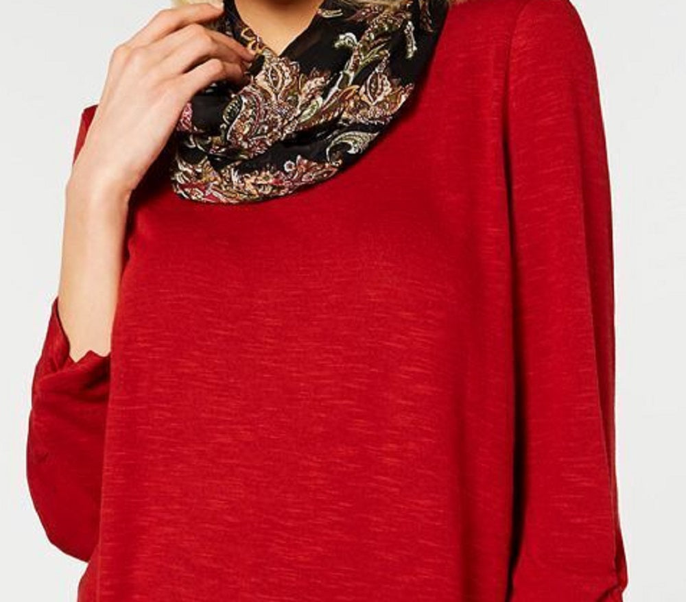 BCX Junior's Ruched Sleeve Top With Printed Scarf Brown Size Large