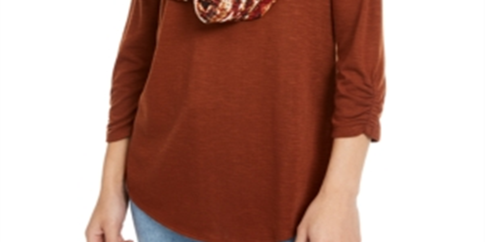 Bcx Juniors' Ruched-Sleeve Scarf Top Brown Size L