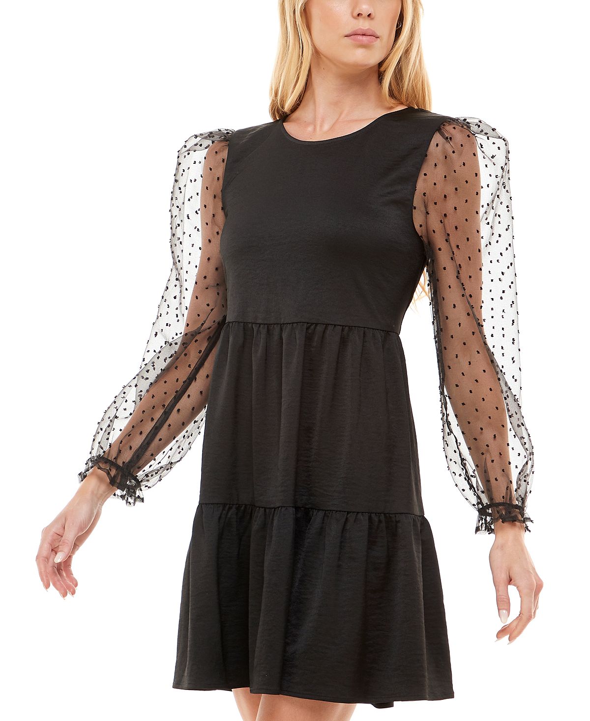 Speechless Junior's Sheer Dot Puff-Sleeve Dress Black Size Large