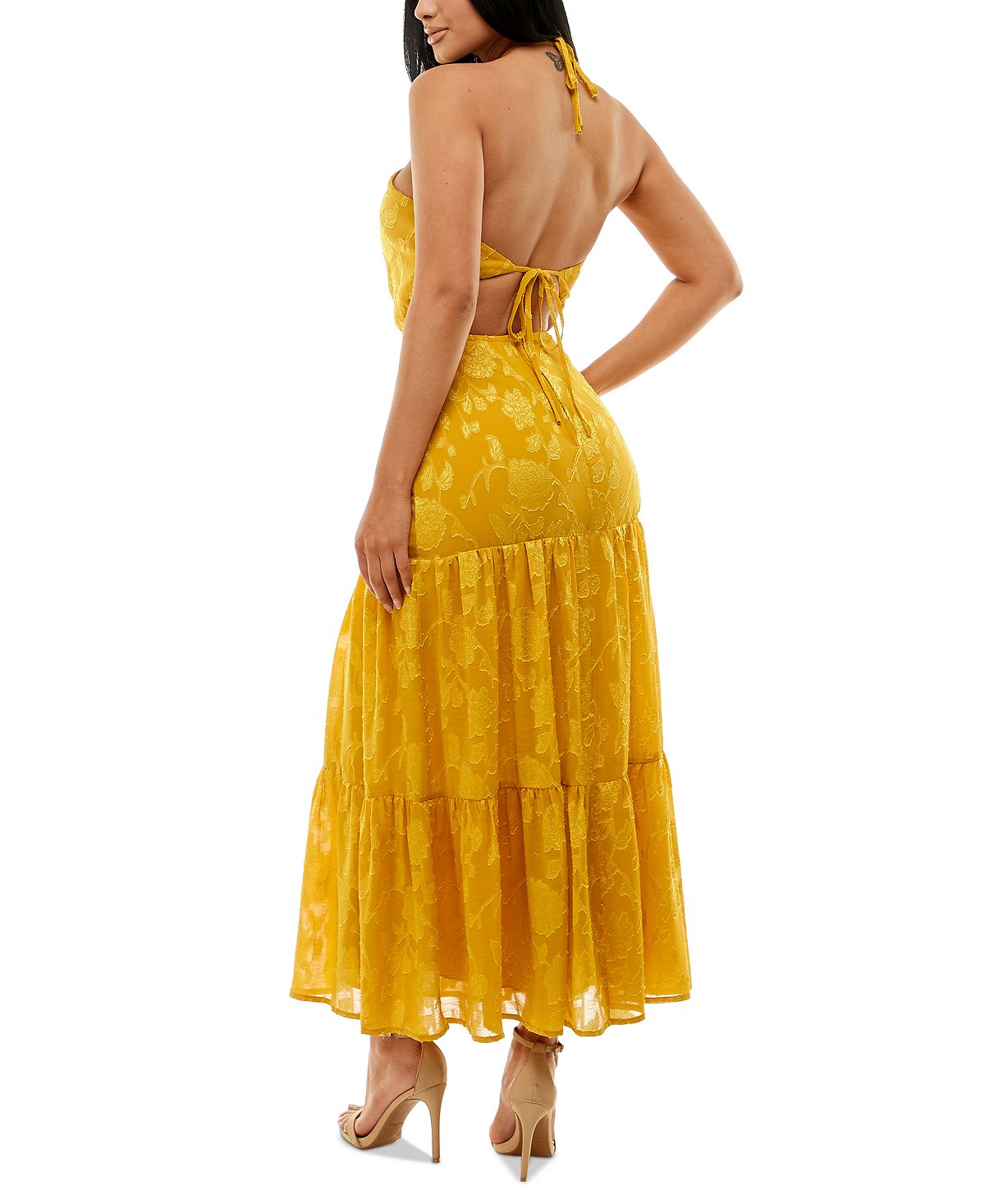 Speechless Women's Junior's Burnout Halter Maxi Dress Yellow Size 7