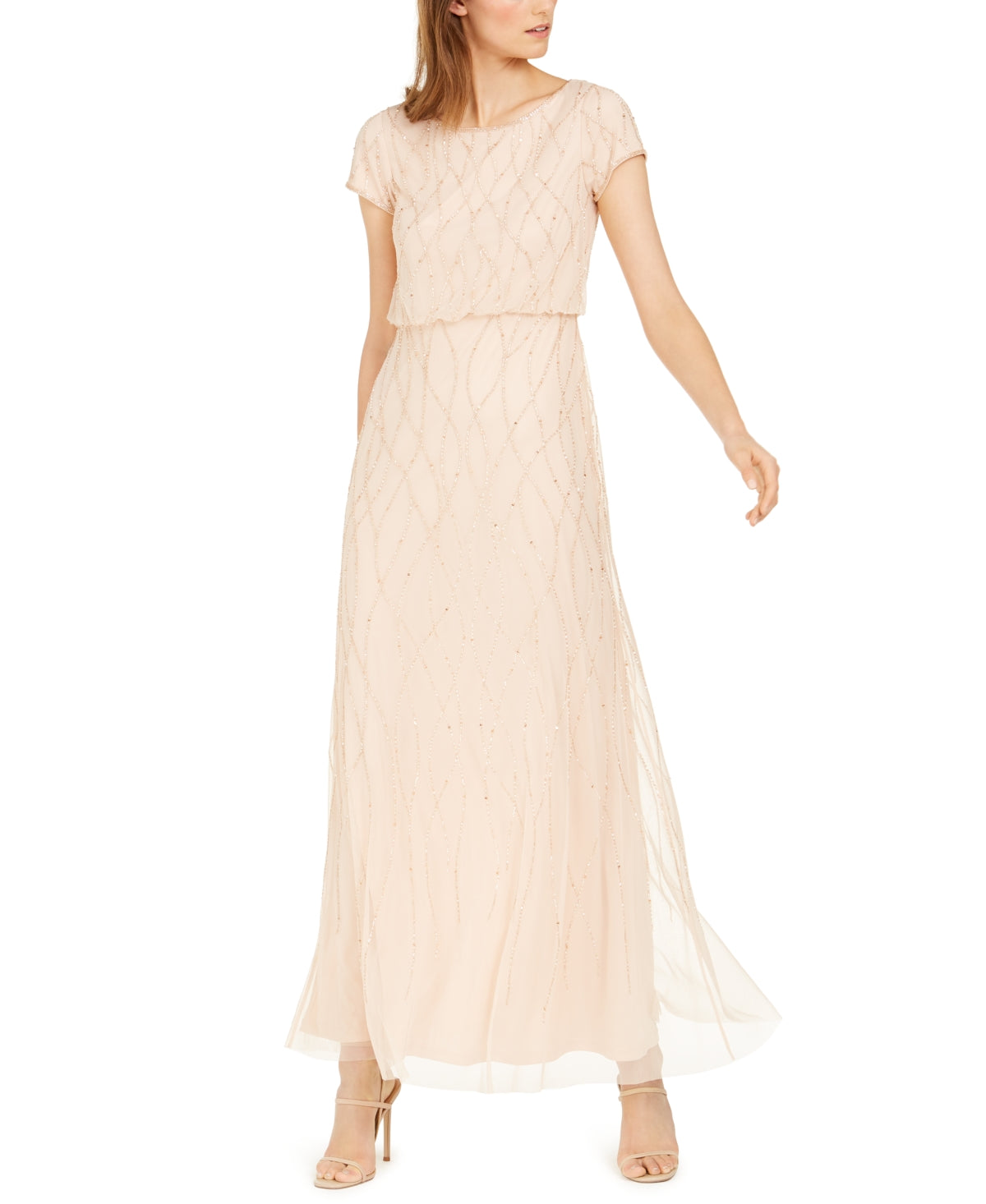 Adrianna Papell Women's Short Sleeve Embellished Overlay Gown Brown Size 16