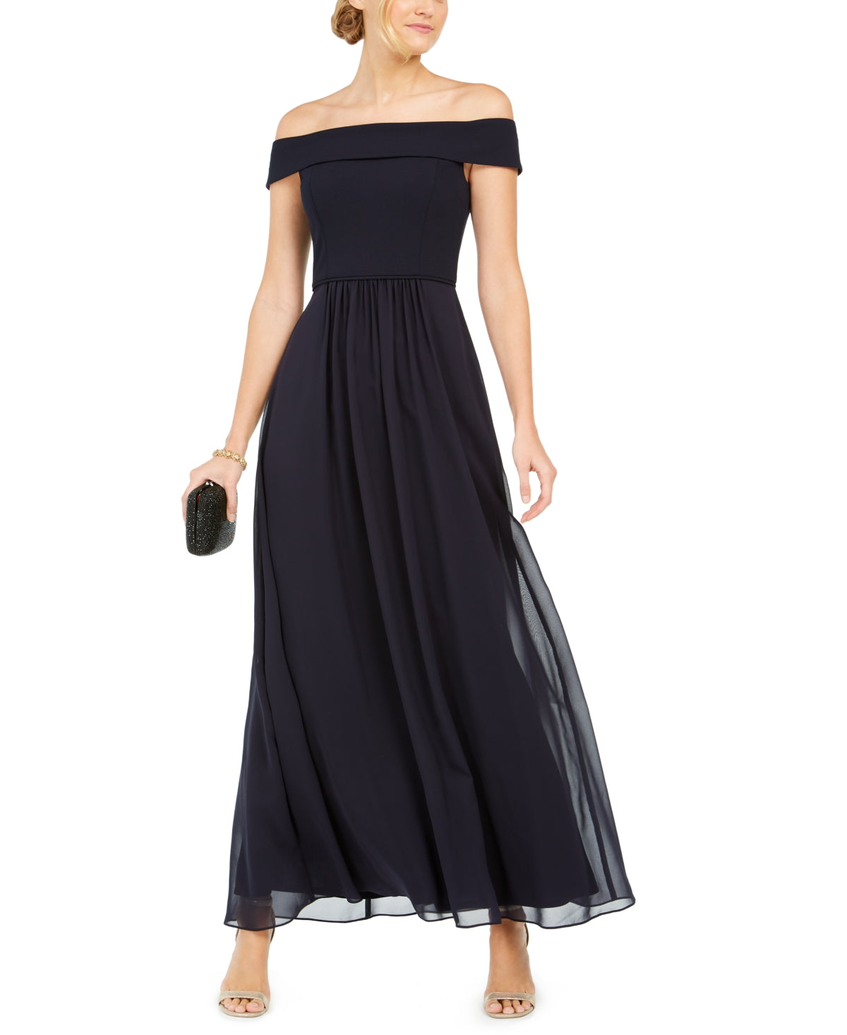 Adrianna Papell Women's Off The Shoulder Chiffon Gown Blue Size 2