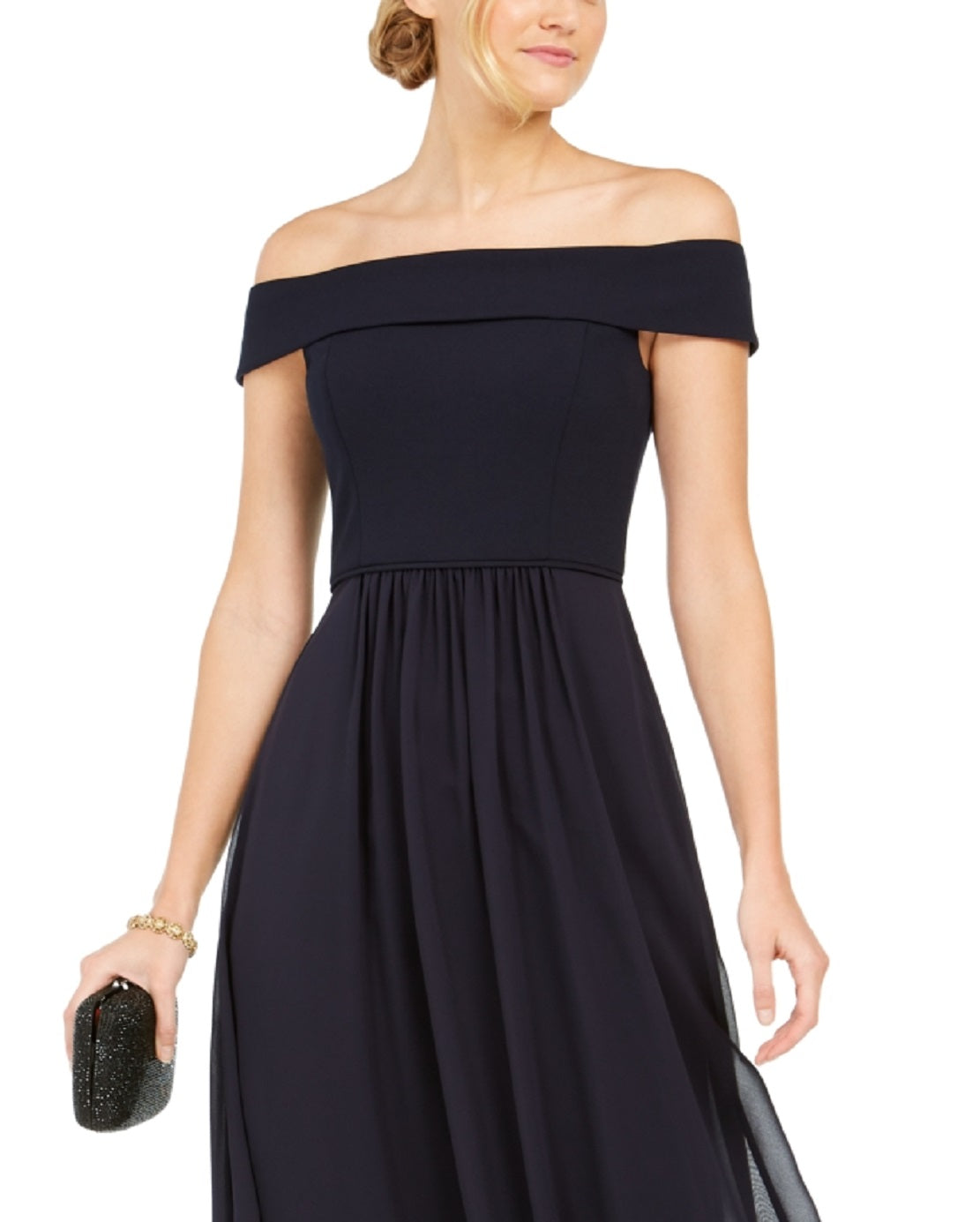 Adrianna Papell Women's Off The Shoulder Chiffon Gown Blue Size 14