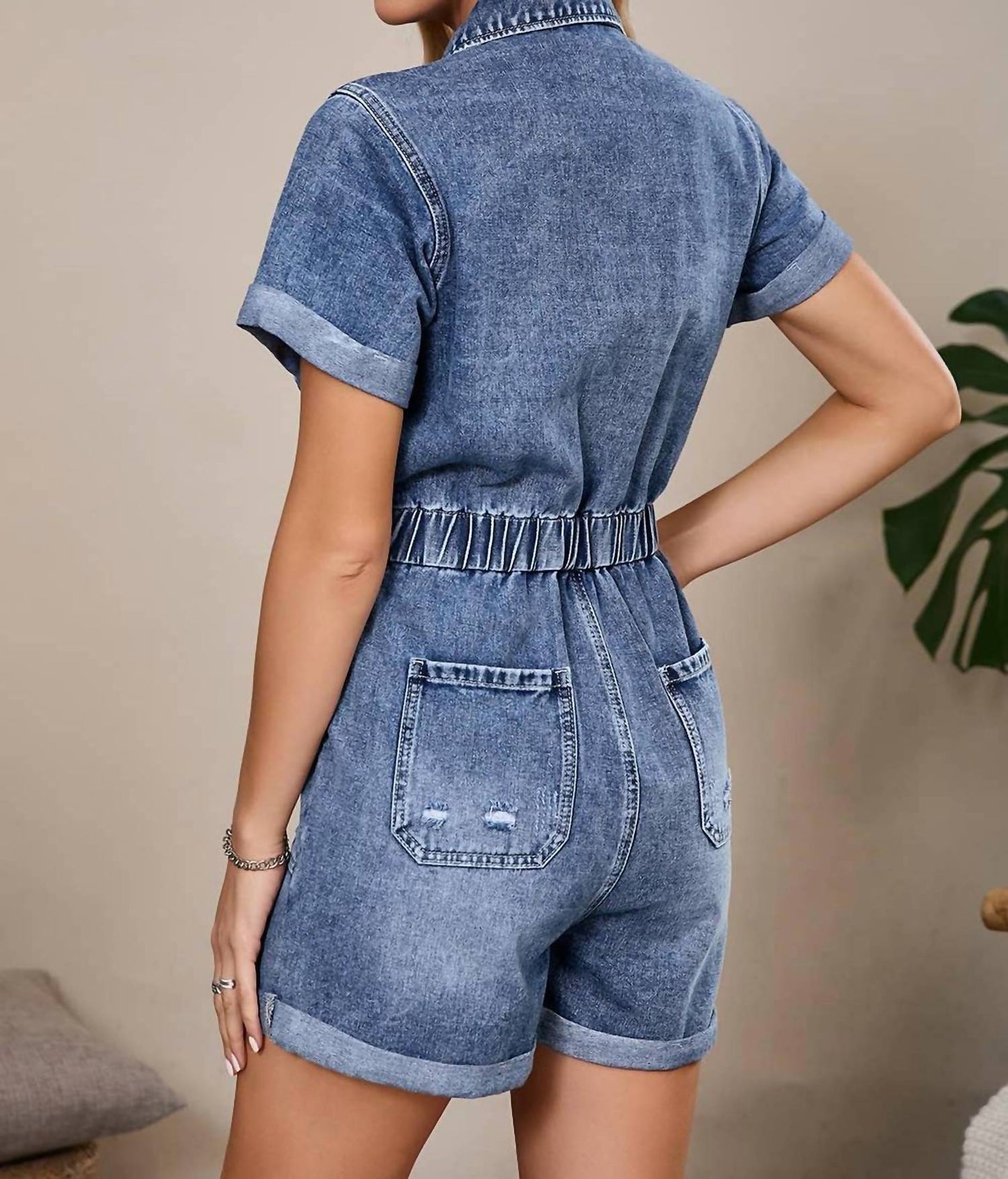 Aapparella - Short Sleeve Denim Button Front Romper