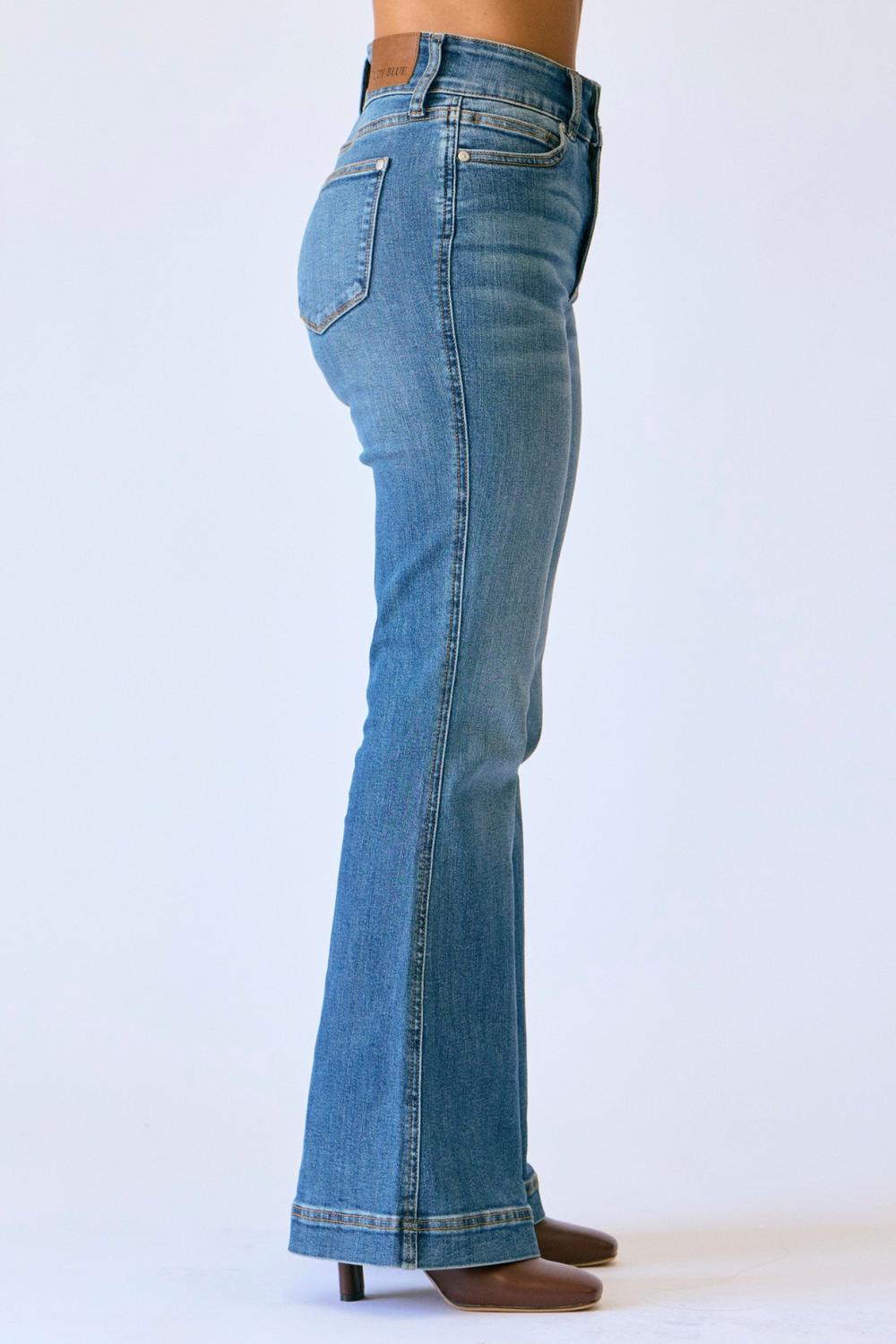 Judy Blue - Women's Tummy Control Petite Flare Double Button Waist Band Jeans