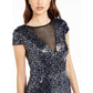 Teeze Me | Mesh Deep V Sequin Bodycon Dress | Navy/Royal