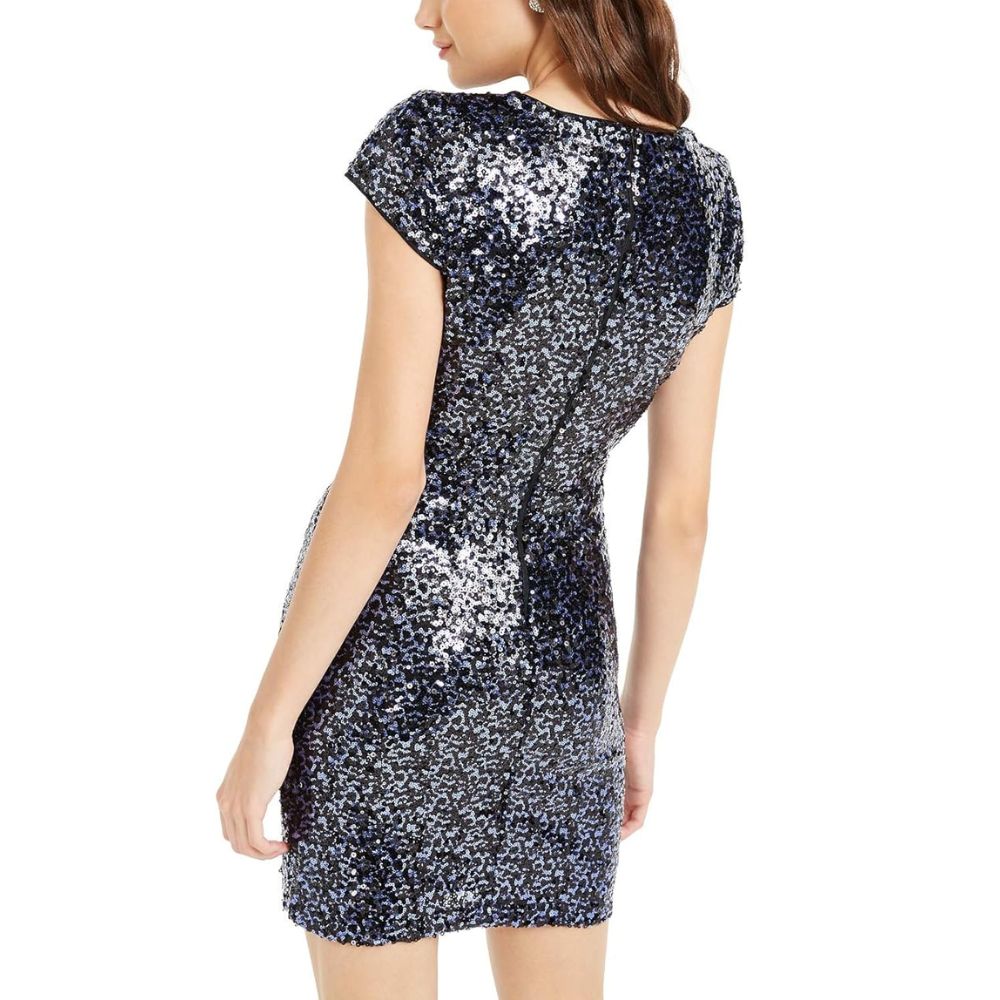 Teeze Me | Mesh Deep V Sequin Bodycon Dress | Navy/Royal