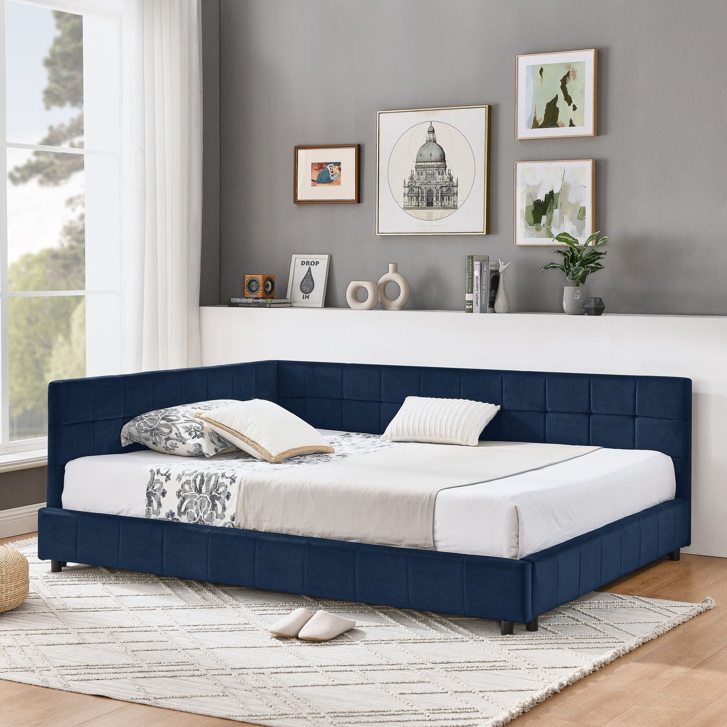 Mid-Century Storage Upholstered Tufted Bed Frame with Backrest and Armrests