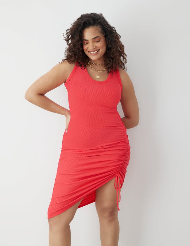 GSTQ Drawstring Rib-Knit Tank Dress - Pink - XS