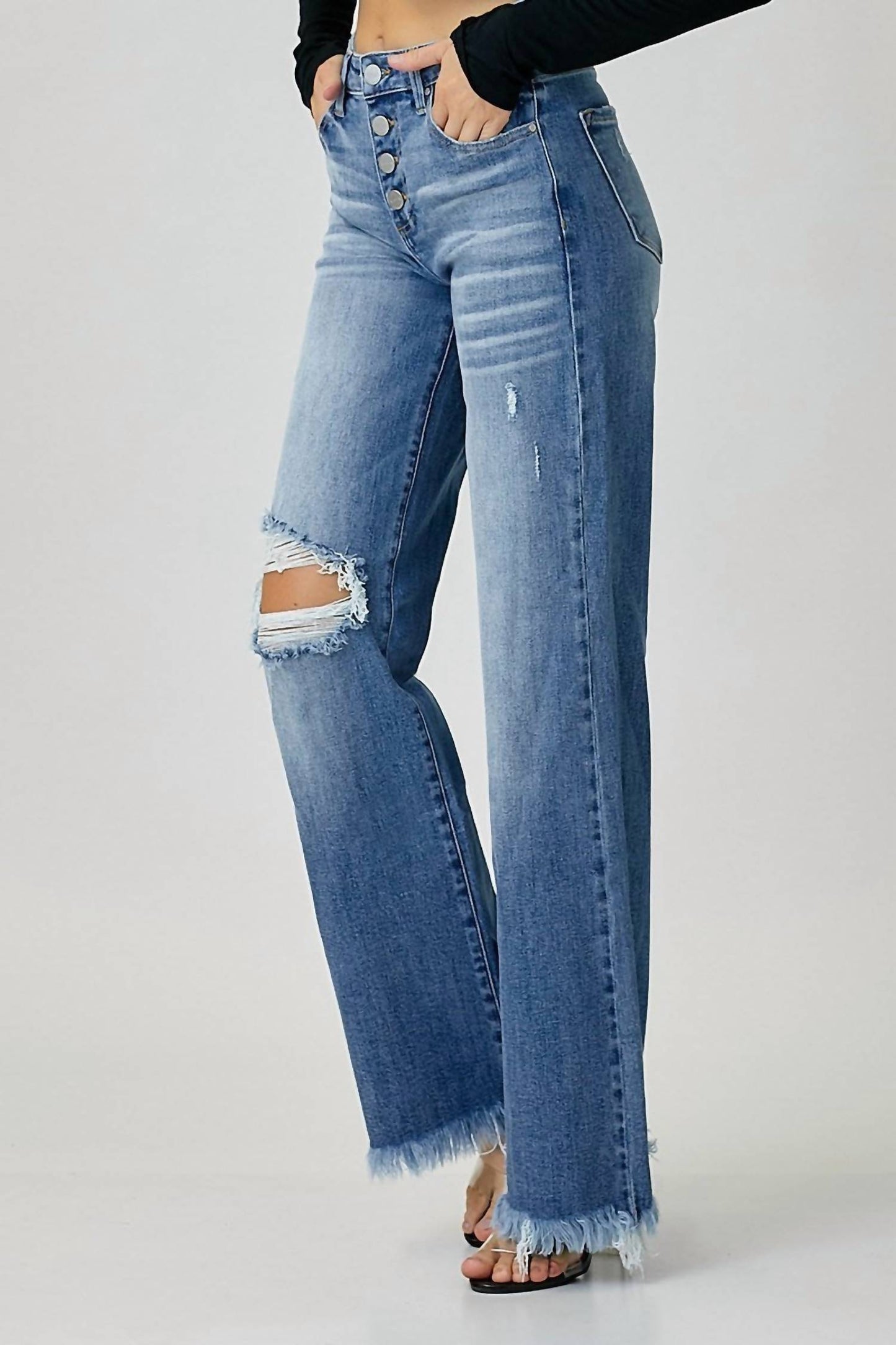 Risen - Solice Mid Rise Button Down Wide Leg Jeans