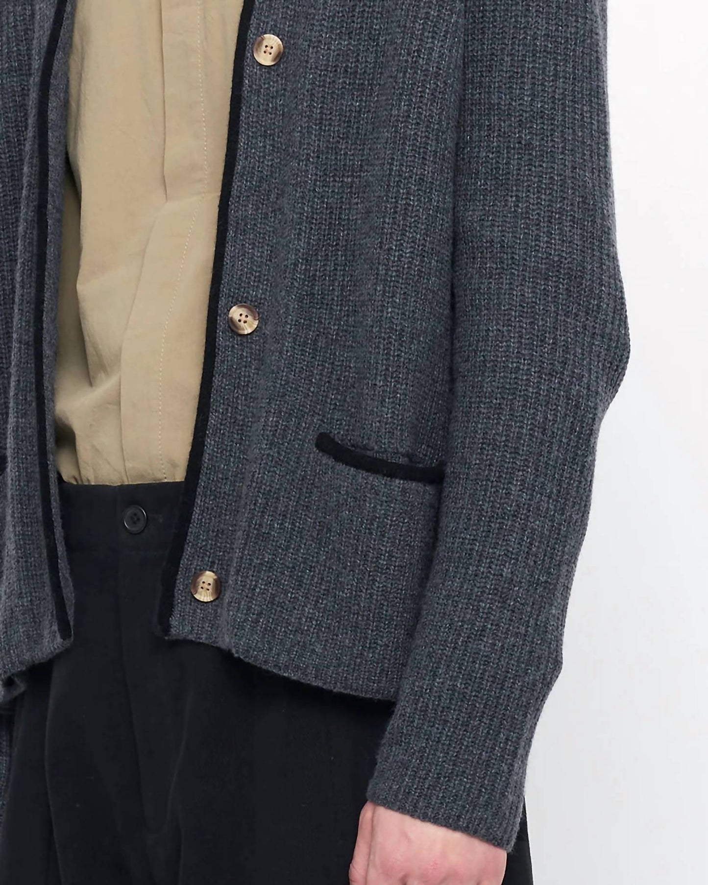 7115 By Szeki - V-neck Pockets Trimmed Cardigan