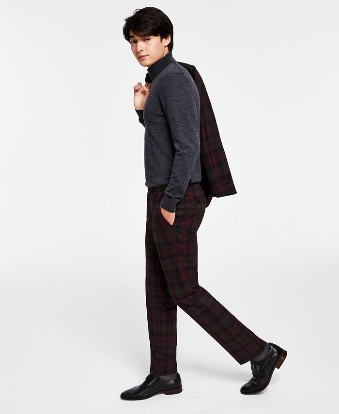 Bar III Men's Slim Fit Plaid Suit Separate Pants Red Size 30X32