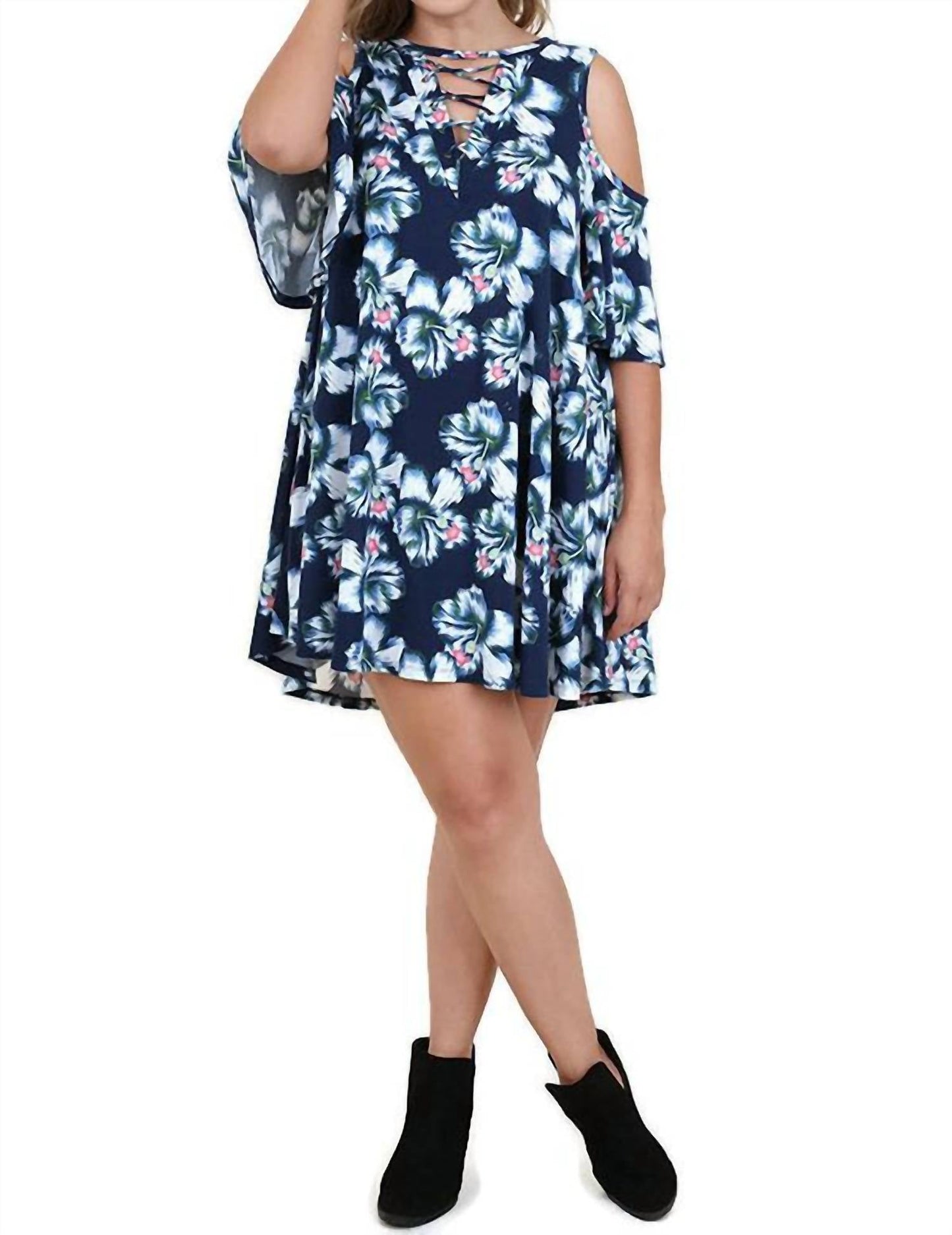 Umgee - Floral Cold Shoulder Criss Cross Dress - Plus