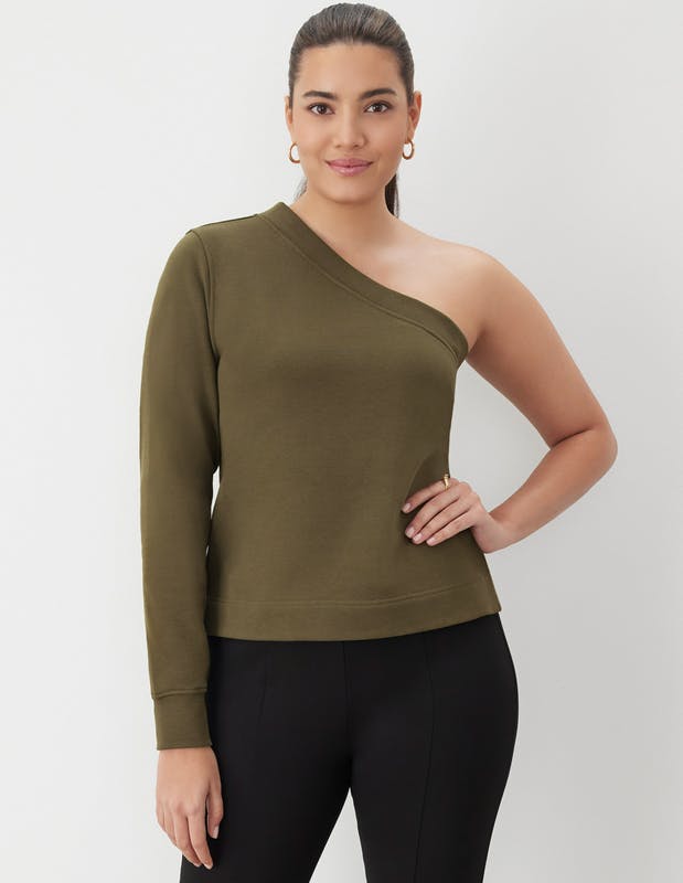 GSTQ One Shoulder French Terry Top - Green - M