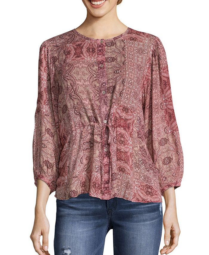 John Paul Richard Women's Cinched Waist Printed Blouse Purple Size Large