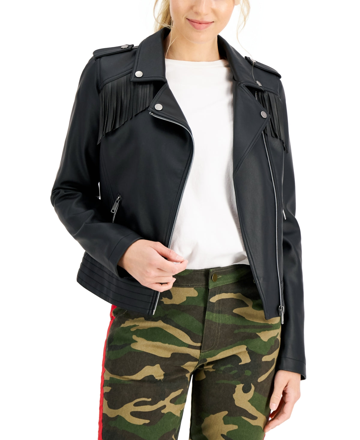 Coffeeshop Junior's Faux Leather Fringe Moto Jacket Black Size Large